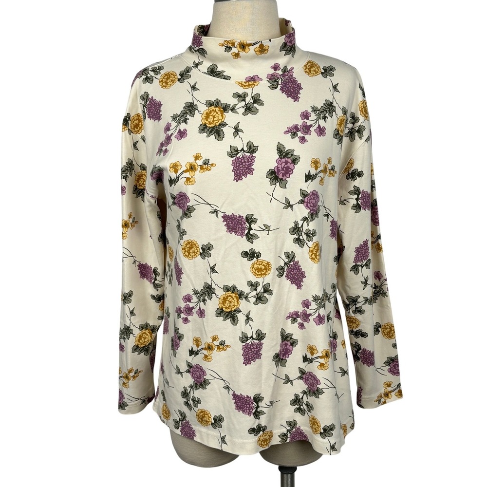 Hunt Club Floral Mock Neck Top Womens M Cream Purple Cotton Long Sleeve Canada